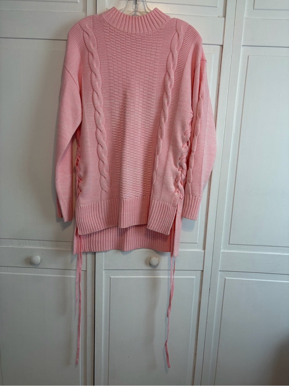 Wayf Pink Cable Knit Side-Tie Turtleneck Sweater